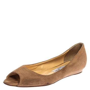 Pre Owned Jimmy Choo Beige Suede Leather Peep Toe Ballet Flats Size 36
