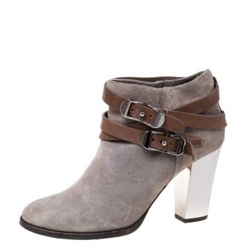 Pre Owned Jimmy Choo Grey Suede Leather Buckle  Ankle Booties Size 39