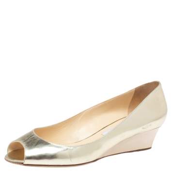 Pre Owned Jimmy Choo Gold Patent Leather Baxen Wedge Peep Toe Pumps Size 40