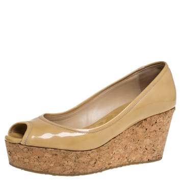 Pre Owned Jimmy Choo Beige Patent Leather Cork Wedge Papina Pumps Size 37