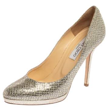 Pre Owned Jimmy Choo Metallic Silver Glitter And Lace Platform Pumps Size 37.5