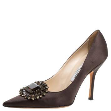 Pre Owned Jimmy Choo Dark Brown Satin Embellished Pointed Toe Pumps Size 40