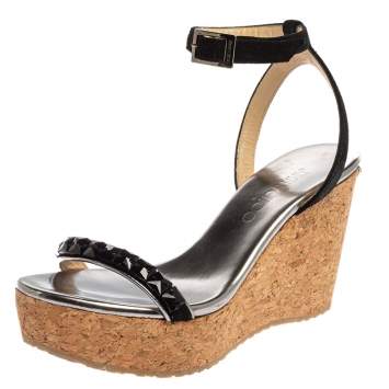Pre Owned Jimmy Choo Black Suede Leather Natsby Embellished Cork Wedge Platform Ankle Strap Sandals Size 36
