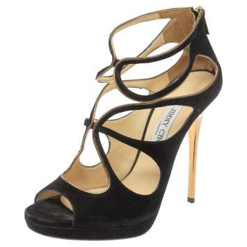 Pre Owned Jimmy Choo Black Suede Strappy Zipper Sandals Size 39.5