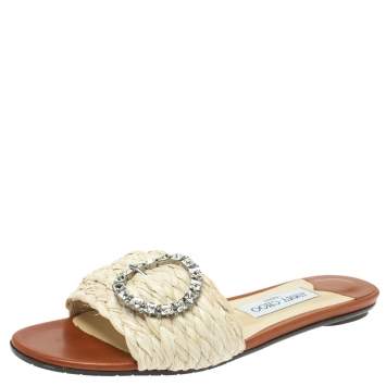 Pre Owned Jimmy Choo Cream/Brown Raffia Granger Crystal Embellished Slides Size 38