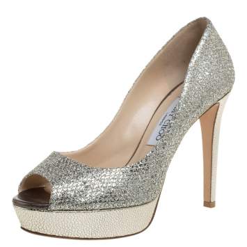Pre Owned Jimmy Choo Gold Champagne Glitter Luna Peep Toe Platform Pumps Size 38