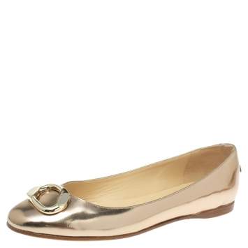 Pre Owned Jimmy Choo Gold Mirror Leather Buckle Toe Ballet Flats Size 38