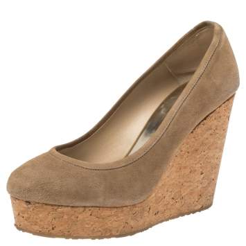 Pre Owned Jimmy Choo Beige Suede And Cork Wedge Platform Pumps Size 39