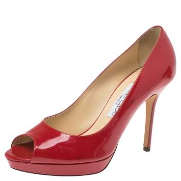 Pre Owned Jimmy Choo Red Patent Leather Luna Pee Toe Pumps Size 38