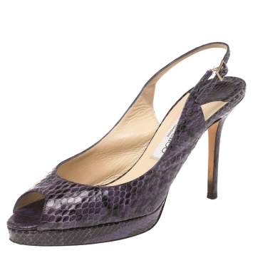 Pre Owned Jimmy Choo Purple Python Peep Toe Slingback Platform Sandals Size 38.5