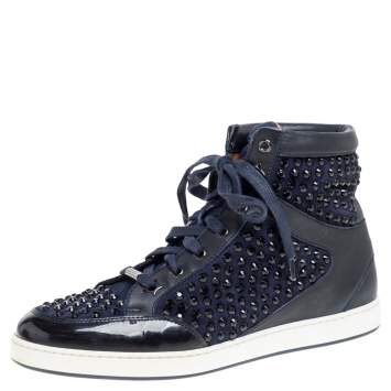Pre Owned Jimmy Choo Blue/Black Leather and Suede Studded High Top  Sneakers Size 38