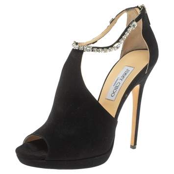 Pre Owned Jimmy Choo Black Suede Crystal Embellished Ankle Strap Peep Toe Sandals Size 40