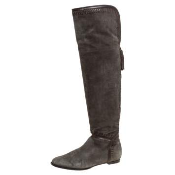 Pre Owned Jimmy Choo Khaki Green Suede High Knee Boots Size 37.5