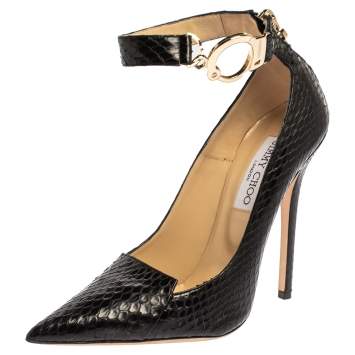 Pre Owned Jimmy Choo Black Python Devote Handcuff Ankle Strap Pumps Size 37