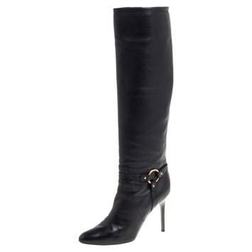 Pre Owned Jimmy Choo Black Leather Knee Length Pointed Toe Boots Size 38.5