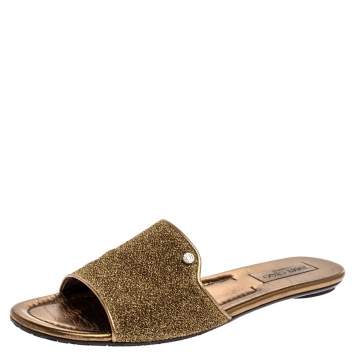 Pre Owned Jimmy Choo Metallic Gold Glitter Fabric Nanda Flat Slides Size 42