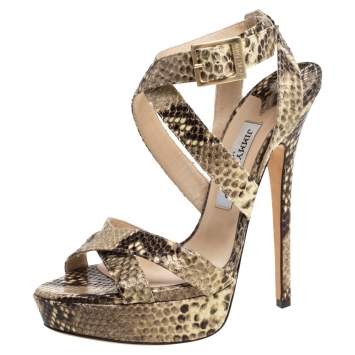 Pre Owned Jimmy Choo Beige/Black Python Embossed Leather Ankle Strap Sandals Size 38.5