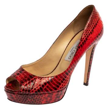 Pre Owned Jimmy Choo Red/Black Python Dahlia Peep Toe Pumps Size 40