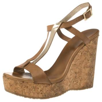 Pre Owned Jimmy Choo Brown/Gold Leather Native Cork Wedge Platform Sandals Size 38