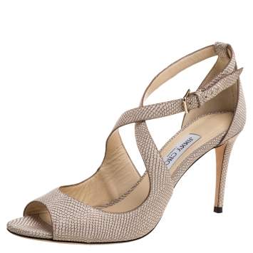 Pre Owned Jimmy Choo Beige/Gold Textured Leather Carrie Criss Cross Sandals Size 41