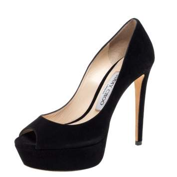 Pre Owned Jimmy Choo Black Suede Peep Toe Platform Pumps Size 35