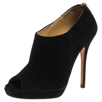 Pre Owned Jimmy Choo Black Suede Glint Peep Toe Ankle Booties Size 37