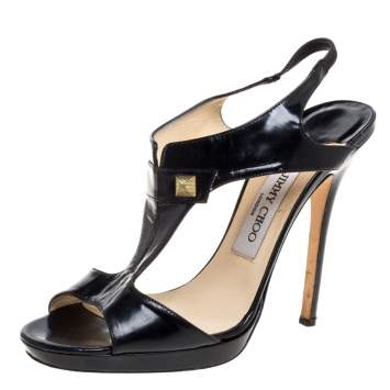 Pre Owned Jimmy Choo Black Leather T-Strap Slingback Sandals Size 39