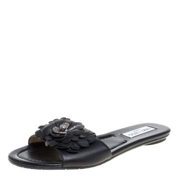 Pre Owned Jimmy Choo Black Leather Neave Floral Appliqué Slides Size 38.5