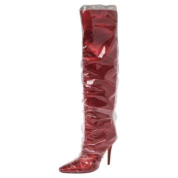 Pre Owned Jimmy Choo C/O Off-White Red Satin And PVC Elisabeth Knee Length Pointed Toe Boots Size 40