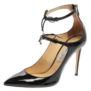 Pre Owned Jimmy Choo Black Patent Leather Double Bow Sage Pumps Size 40.5