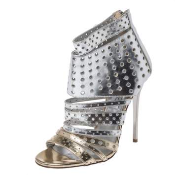 Pre Owned Jimmy Choo Silver Foil Leather Malika Perforated Sandals Size 38