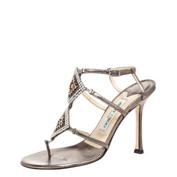 Pre Owned Jimmy Choo Metallic Bronze Leather Meira Crystal Embellished Sandals Size 37