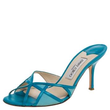 Pre Owned Jimmy Choo Blue Leather And Fabric Cut Out Slide Sandals Size 37