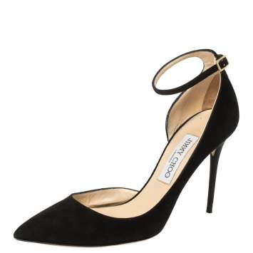 Pre Owned Jimmy Choo Black Suede Lucy Ankle Strap Pointed Toe D'orsay Pumps Size 38