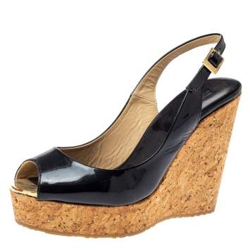 Pre Owned Jimmy Choo Black Patent Leather Prova Slingback Cork Wedge Sandals Size 36.5