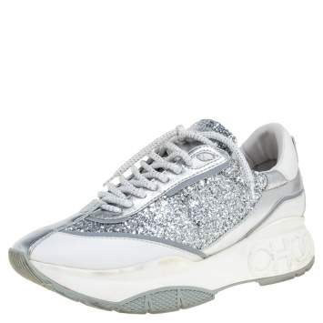 Pre Owned Jimmy Choo White/Silver Leather And Glitter Raine Low Top Sneakers Size 39