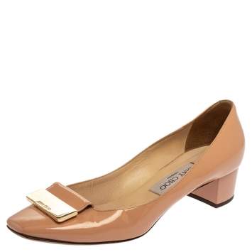 Pre Owned Jimmy Choo Beige Patent Leather Iris Square Toe Pumps Size 37.5
