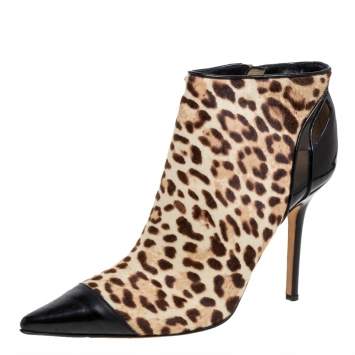 مملوكة مسبقًا Jimmy Choo Brown/Black Leopard Print Calf Hair and Patent Leather Cap Toe Ankle Booties Size 37