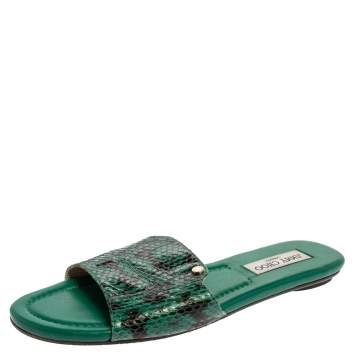 Pre Owned Jimmy Choo Green Python Embossed Leather Nanda Flat Slides Size 39.5
