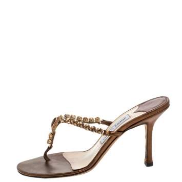 Pre Owned Jimmy Choo Metallic Bronze Leather Crystal Embellished Thong Sandals  Size 38.5 