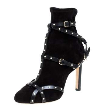 Pre Owned Jimmy Choo Black Stretch Suede Leather Brianna 100 Embellished Ankle Boots Size 37