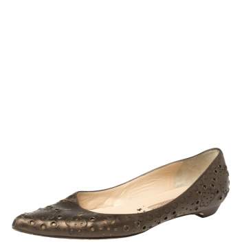 Pre Owned Jimmy Choo Bronze Cutout Leather Eyelet Pointed Toe Ballet Flats Size 37