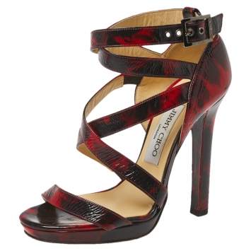Pre Owned jimmy Choo Red/Black Abstract Print Patent Leather Double Cross Strap Sandals Size 36.5