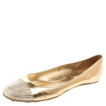 Pre Owned Jimmy Choo Metallic Gold Leather Waine Crystal Embellished Cap Toe Ballet Flats Size 39.5