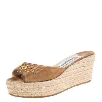 Pre Owned Jimmy Choo Brown  Cut out Suede Embellished Platform Wedges Size 39