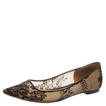 Pre Owned Jimmy Choo Black Floral Lace Romy Ballet Flats Size 37