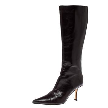 مملوكة مسبقًا Jimmy Choo Brown Leather Peony Mid Calf Boots Size 38