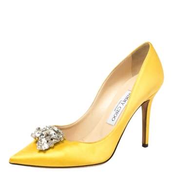 Pre Owned Jimmy Choo Yellow Satin Mamey Pointed Toe Pumps Size 37