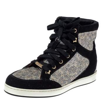 Pre Owned Jimmy Choo Black/Silver Suede And Glitter Tokyo Sneakers Size 35.5