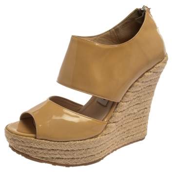 Pre Owned Jimmy Choo Beige Patent Patriot Espadrille Wedge Sandals Size 38